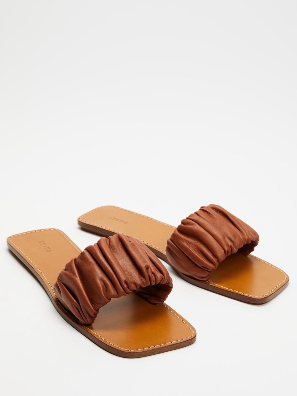 STAUD Cognac Ruched Leather Slide Sandals
